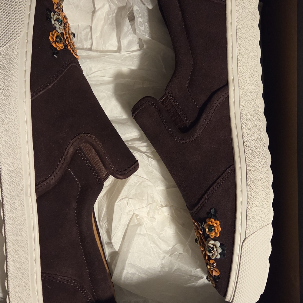 Coach Dark Brown Suede Slip-On Loafers with Floral Embroidery
